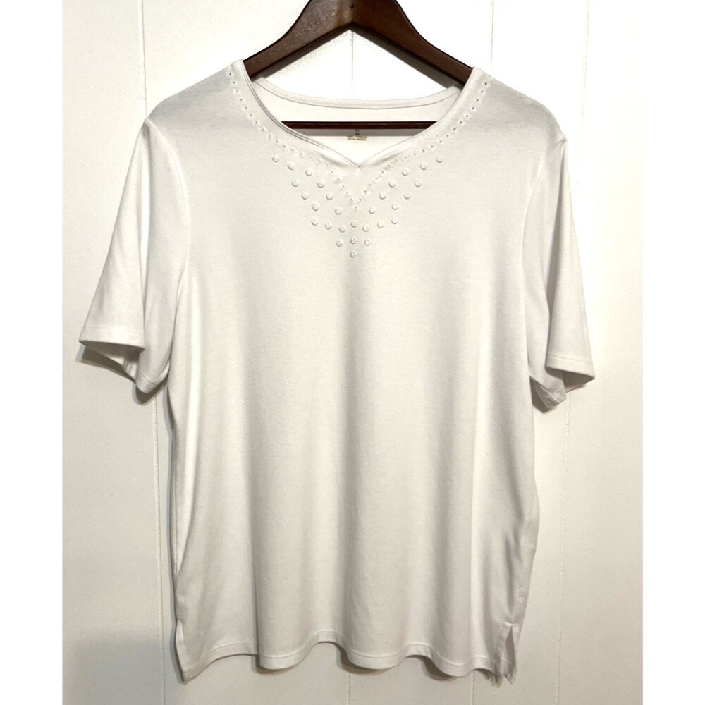 Allison Daley Women's 2X White Short Sleeve Cotton Top Neckline Embellished